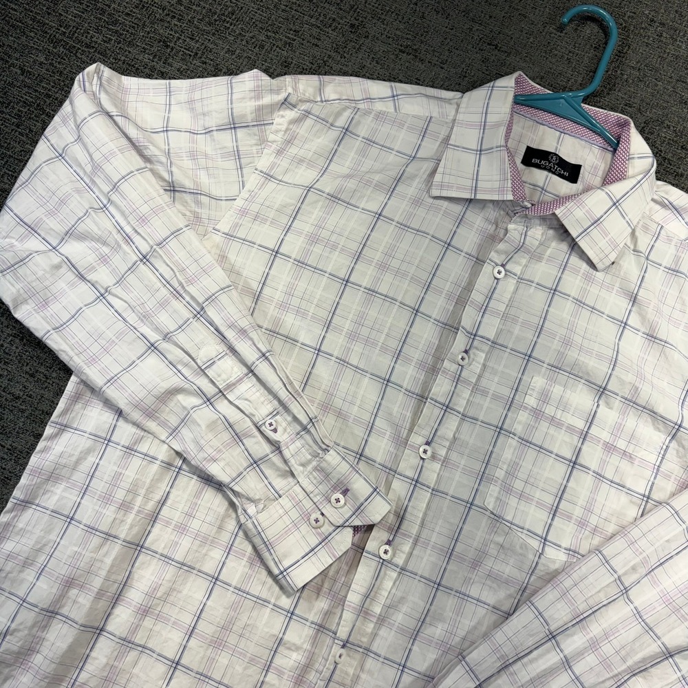 Bugatchi Uomo Button Down Mens XXLT White Blue Purple Plaid Long Sleeve Tall